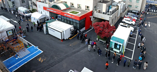 다시 길어진 대기줄  코로나19 신규 확진자 수가 이틀 연속 200명대를 기록하며 재확산 조짐을 보이는 가운데 15일 오전 서울 중구 국립중앙의료원 선별진료소를 찾은 시민들이 검사를 위해 줄을 서 있다.  연합뉴스